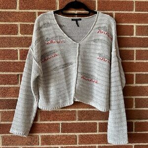 Sarah Pacini Knit Pullover Sweater Light Gray/Ivory Red Stitching Long Sleeve